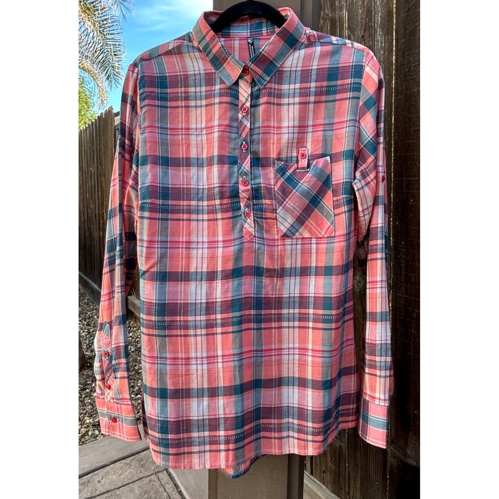 Kuhl Womens Large Plaid Tencel Popover Shirt Roll Tab Sleeve Coral Blue